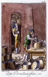 Artisanat : le porcelainier dans son atelier. Dans « Description complète des arts et métiers et ateliers pour les jeunes » par Johan Peter Vue. Éd. Nuremberg, Weigel et Schneider