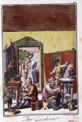 Artisanat : le vernisseur dans son atelier. Dans « Description complète des arts et métiers et ateliers pour les jeunes » de Johan Peter Vue. Ed. Nuremberg, Weigel et Schneider