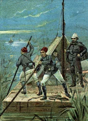 Traversée des marais de Bahr el Ghazal en Afrique par la mission Marchand en 1899. Chromolithographie Liebig du 19ème siècle