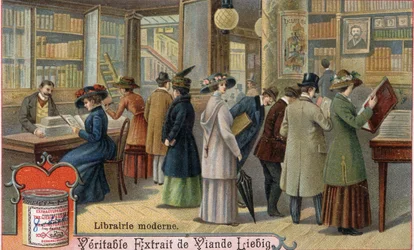 Clients et libraire dans une librairie moderne, fin du XIXe siècle. Chromolithographie, image Liebig.