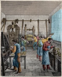 Atelier de fabrication de coutellerie en France au XIXe siècle. Gravure de 1885 dans « Les arts et métiers illustrés » par Adolphe Bitard