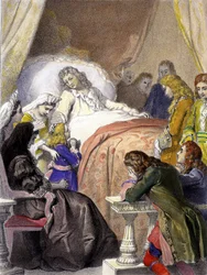 Mort de Louis XIV (1638-1715), roi de France, le 1er septembre 1715 à Versailles et le futur Louis XV (1710-1774)