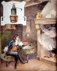 Denis Papin (1647 - 1714) invente la marmite. (ancêtre de la cocotte-minute) Chromolithographie du XIXe siècle