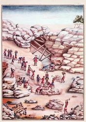 Extraction de diamants dans une mine au Brésil. Aquarelle du XVIIIe siècle, Rio de Janeiro, Biblioteca Nazionale