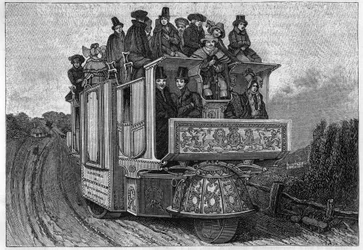 Voiture mécanique à trois roues du docteur Church construite à Birmingham en 1833. Gravure italienne du 19ème siècle.
