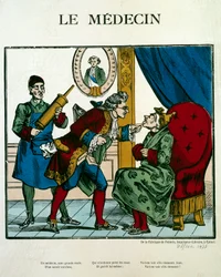 Scène de médecin représentant un docteur examinant un patient, son assistant derrière lui tenant un clystère