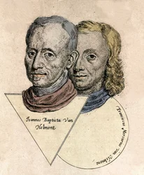 Double portrait du chimiste belge Jean Baptiste von Helmont (Jan Baptist van Helmont) (1577-1644) et François Mercure van Helmont (1614-1699). Gravure