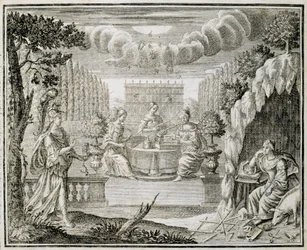 Gravure représentant des femmes travaillant sur un métier à tisser. Début du XVIIIe siècle.