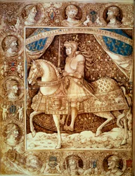 Portrait équestre de Louis XII (1462 - 1515), roi de France. Miniature dans les Chroniques, Folio 1v, par Enguerrand de Monstrelet
