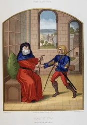 Ésaü avec ses armes de chasse et son père Isaac. Chromolithographie du 19ème siècle