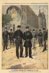 Évolution des uniformes des gardiens de la paix (ou sergents de ville) de 1860 à 1894, devant la tour de l