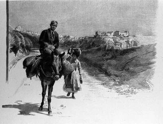 Famille voyageant sur la route de Calatafimi, Sicile. Gravure du 19ème siècle