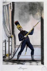 Pompier avec lance à eau, éteignant un incendie - vers 1830