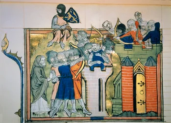 Première croisade : Godefroi (ou Godefroy) de Bouillon (1058-1100) dans une tour ronde attaqua Jérusalem en 1099. Miniature tirée de « Roman De Godefroy De Bouillon et de Saladin »