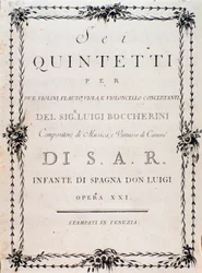 Première page de la partition musicale de « Sei quintetti per due violini flauto viola e violoncello » de Luigi Boccherini