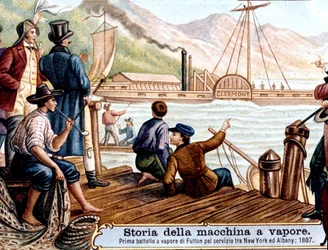 Premier voyage du bateau à vapeur « Clermont » par Robert Fulton (1765-1815), ingénieur américain sur le fleuve Hudson, USA