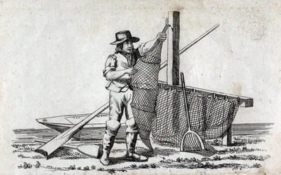Pêcheur et filet de pêche. Belle gravure du XVIIIe siècle. Collection privée.