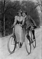 Flirt fin de siècle : couple à vélo - gravure