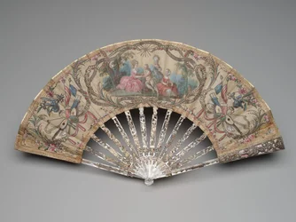 Éventail pliant avec une scène de cour et des trophées musicaux, vers 1770-80