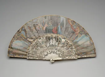 Éventail pliant avec une scène de joueurs de cartes dans un intérieur à la mode