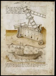 Approche de la forteresse et navire - Manuscrit : feuille de parchemin d