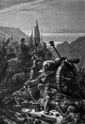 François Ier (1494 - 1547) est resté en selle la veille de la bataille de Marignan, septembre 1515. Gravure du 19ème siècle.