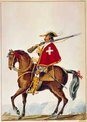 Armée française : De Valmont, mousquetaire de la garde du cardinal Richelieu. Gravure du XVIIe siècle