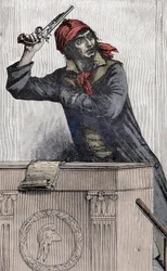 Révolution française : Portrait de Jean Paul Marat (1743-1793), député montagnard à la Convention, brandissant un pistolet à la tribune