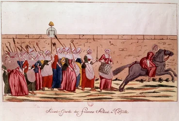 Révolution française de 1789 : avant-garde des femmes se rendant à Versailles le 5 octobre 1789. Gravure du 18ème siècle. Paris, B. N.