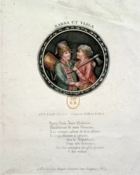Représentation de Barra et Viala. Joseph Agricol Viala (1780-1793) et Joseph Bara (1780-1793), enfants héros de la Révolution française qui ont combattu respectivement à Marseille et en Vendée pour la République. Gravure du XVIIIe siècle