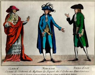 Révolution française : représentation des députés des trois ordres aux États généraux en costume cérémoniel : le clergé, la noblesse et le tiers état. Estampe de la fin du XVIIIe siècle, collection privée