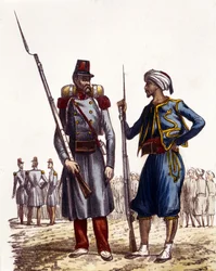 Uniforme militaire français : À gauche, une légion étrangère formée et envoyée en Algérie en 1831. À droite, des cavaliers indigènes, formés et envoyés en Algérie en 1841. Dans L