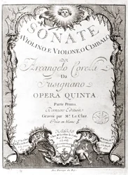 Frontispice de 12 sonates pour violon, basse et clavecin par Arcangelo Corelli (1653 - 1713). Version française