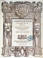 Frontispice de la comédie madrigalesque Amfiparnaso par Orazio Vecchi