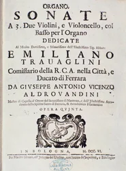 Frontispice de la partition musicale de « Sonata a 2 violini, violoncello e organo, op. 5 » de Giuseppe Aldrovandini