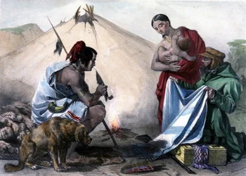 Troc de fourrures contre du tissu entre les Hurons canadiens et un homme blanc - dans "Shyth