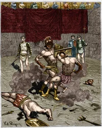 Combat de gladiateurs. Gravure du 19ème siècle.