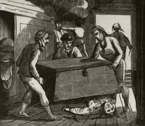 Gordon et ses compagnons pressant le capitaine français à mort avec un grand coffre, vers 1836