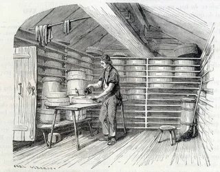 Fromagerie de Gruyère dans un chalet suisse (lavage de la croûte) - dans « Les merveilles de l
