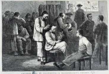 Salon de coiffure dans la communauté chinoise de Californie - gravure