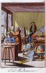 Métiers : le mécanicien avec des instruments de précision dans son atelier. Dans « Description complète des arts et métiers et ateliers pour les jeunes » par Johan Peter Vue. Ed. Nuremberg, Weigel et Schneider