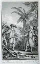 Voici la monnaie des tributs que le Roi du Portugal paie : commerce des portugais dans les colonies - dans « Histoire philosophique et politique des établissements et du commerce des européens dans les deux Indes », par Guillaume Thomas Raynal, éd. Pelle