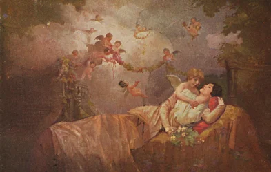 Carte de vœux historique avec des anges pour porter chance à une femme, kitsch-romantique