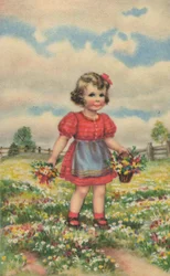 Carte postale historique avec une fille heureuse dans le pré, carte de vœux