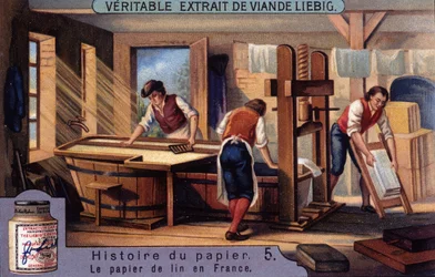 Histoire du Papier. 5. Papier de lin en France. Chromolithographie Liebig