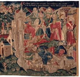 Histoire de Saint Piat et Saint Eleuthère, Scène 14: La peste ravage la ville de Tournai (Tribuns voit sa fille retraire des crestiens et elle atraire a sa loy dont la mors soudaine en fut tost as paiens prochaine).