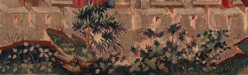 Histoire de Saint Piat et Saint Éleuthère, Scène 5 (détail en bas à gauche). Murs de la ville et buissons.