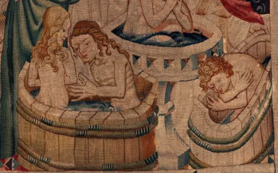Histoire de Saint Piat et Saint Eleuthère, Scène 7 baptême des exilés chrétiens, (détail). Le baptême.
