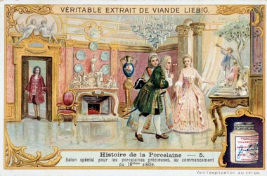 Histoire de la porcelaine : salon spécial pour porcelaines précieuses, au début du 18ème siècle - Chromolithographie Liebig