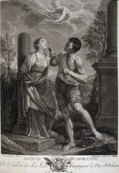 Sainte Apolline lors des persécutions se fait briser les dents car elle refuse de rendre hommage aux dieux romains. Gravure du XVIIe siècle